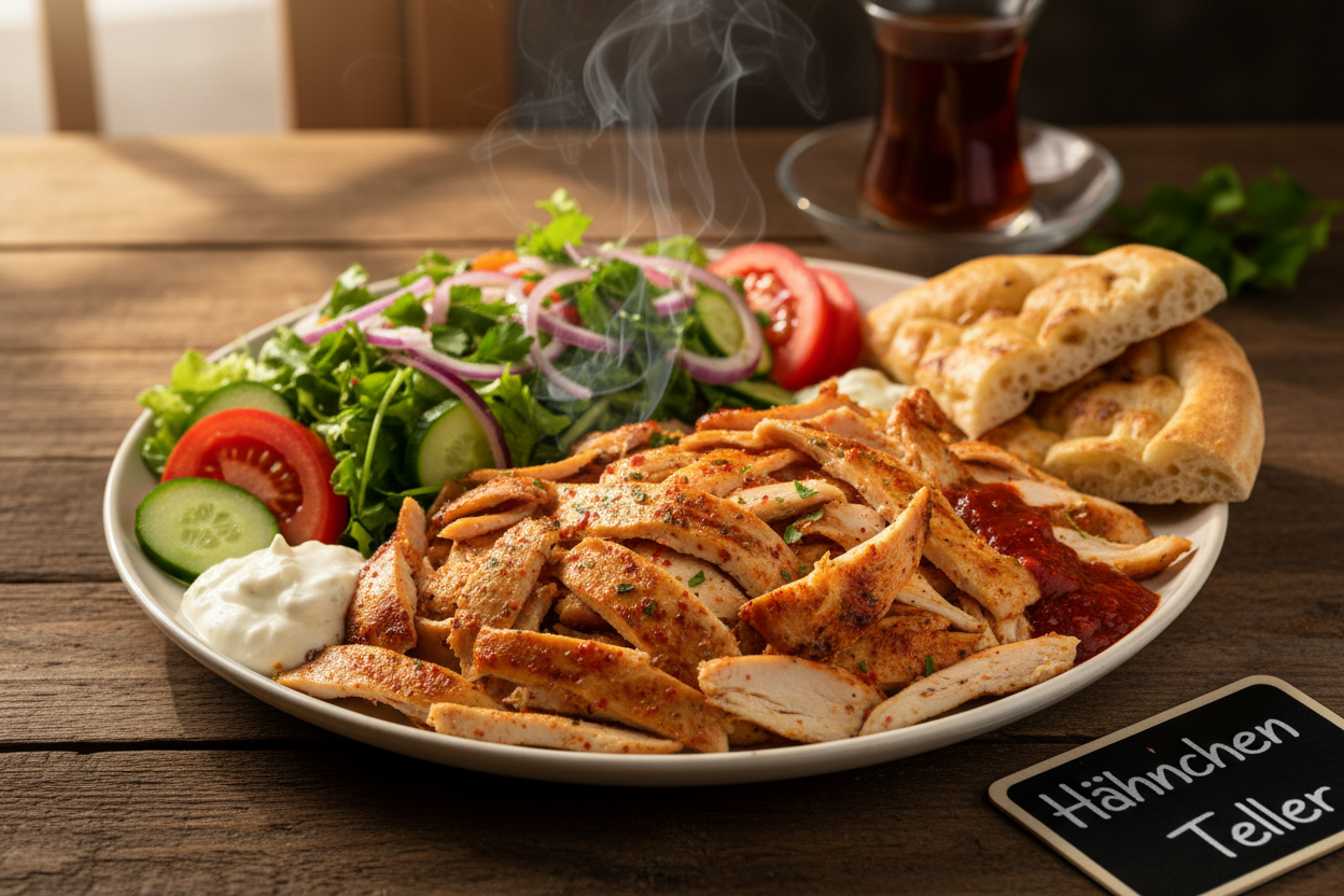 Hähnchen Dönerteller mit frischem Gemüse und Soße