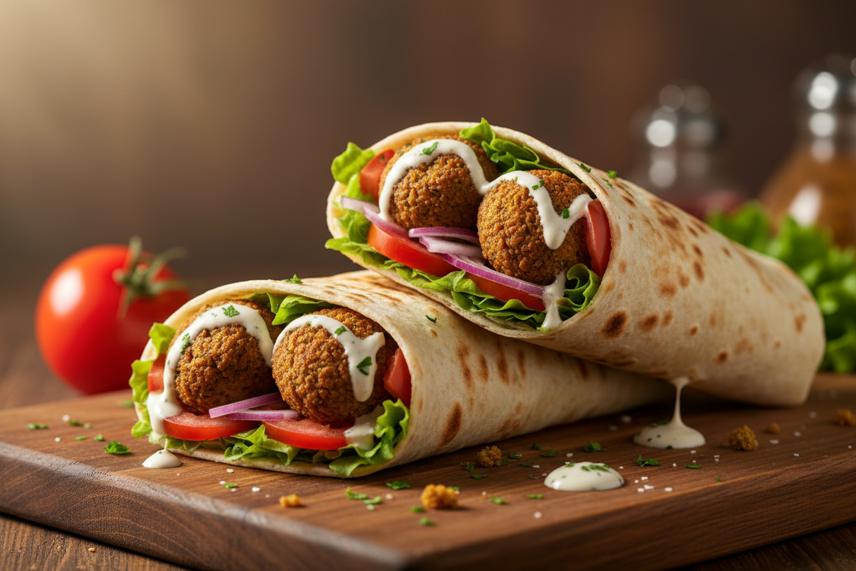 Falafel Dürüm mit frischem Gemüse und Tahini-Soße